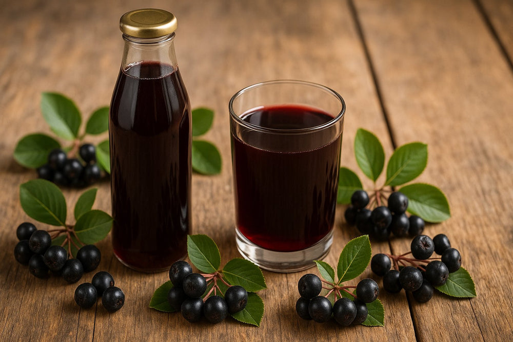 Glasflasche und Glas mit dunklem Aroniasaft auf Holztisch, umgeben von frischen Aroniabeeren und grünen Blättern – Bio Direktsaft aus deutscher Landwirtschaft